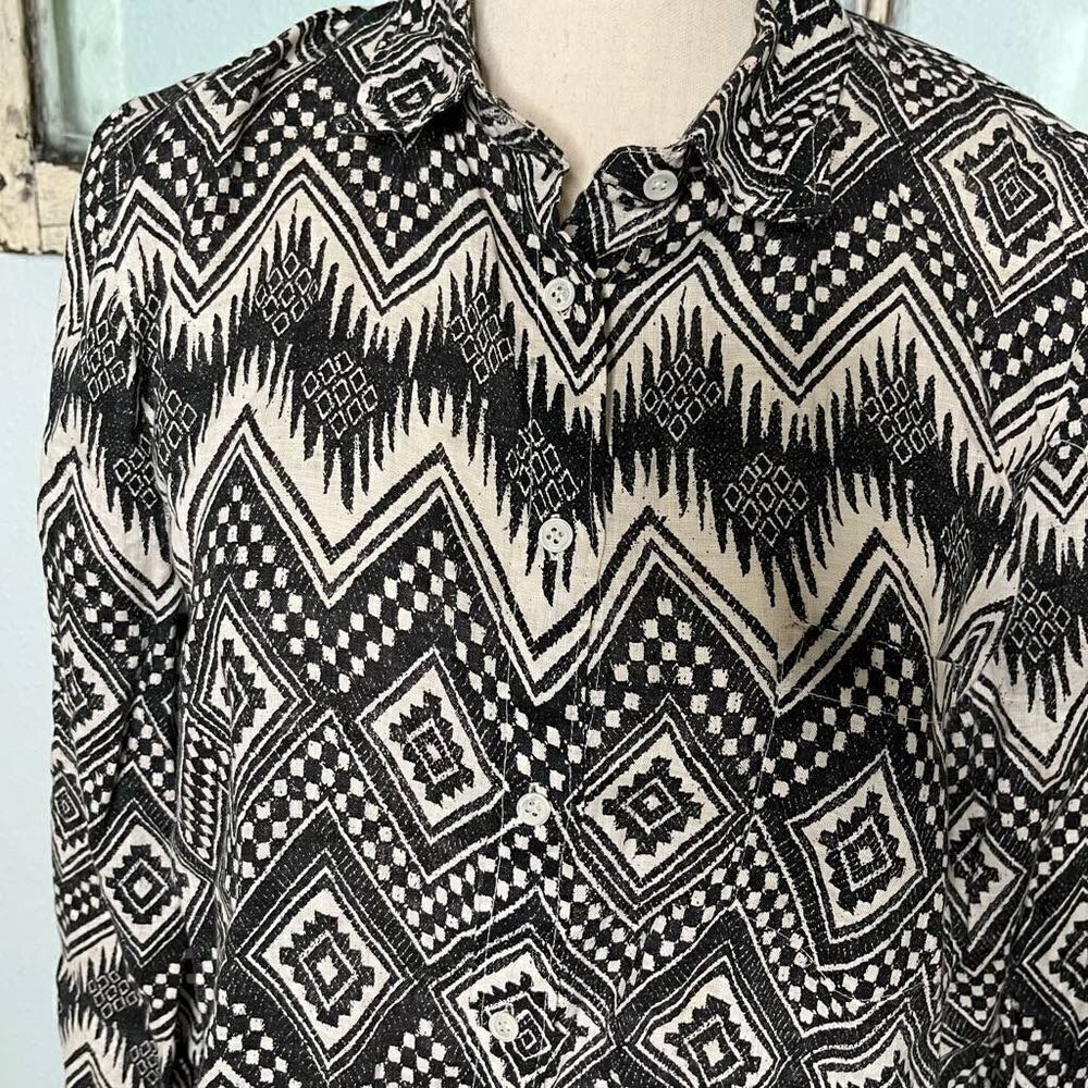 J. Crew Men's Linen Retro Geometric Print Button Up Long Sleeve Shirt Size 12 - Picture 3 of 9
